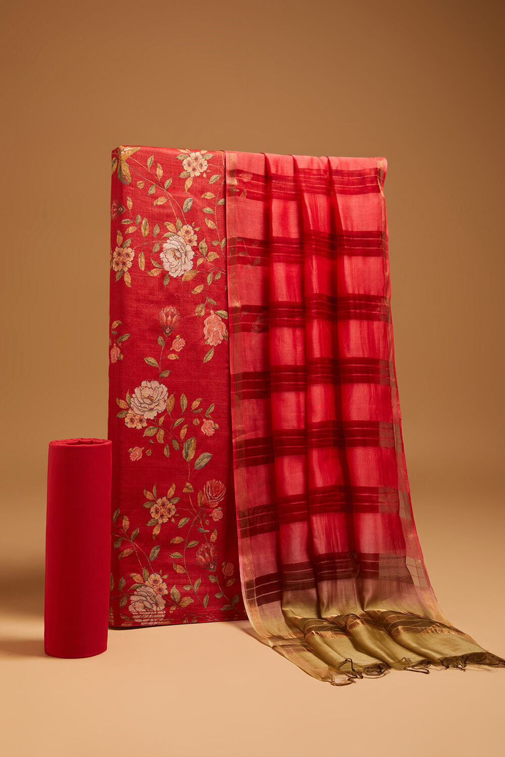 Red Printed Pure Tussar Silk Unstitched Suit Set image number null