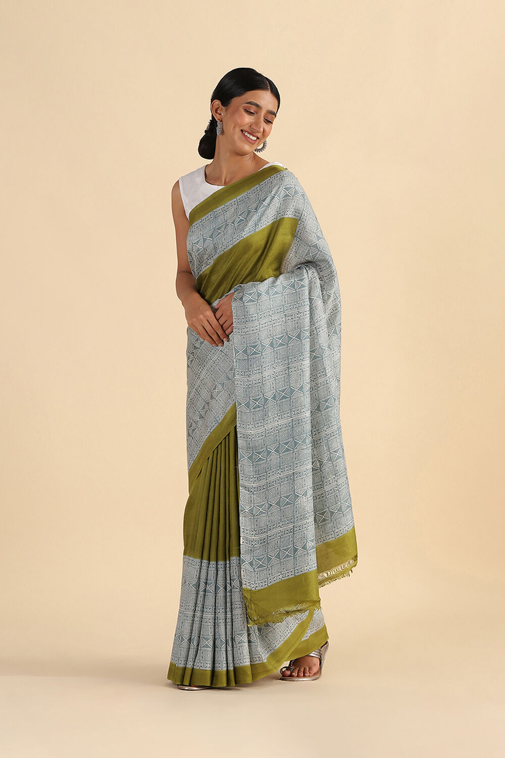 Light Green Hand Blockprinted Pure Silk Saree image number null
