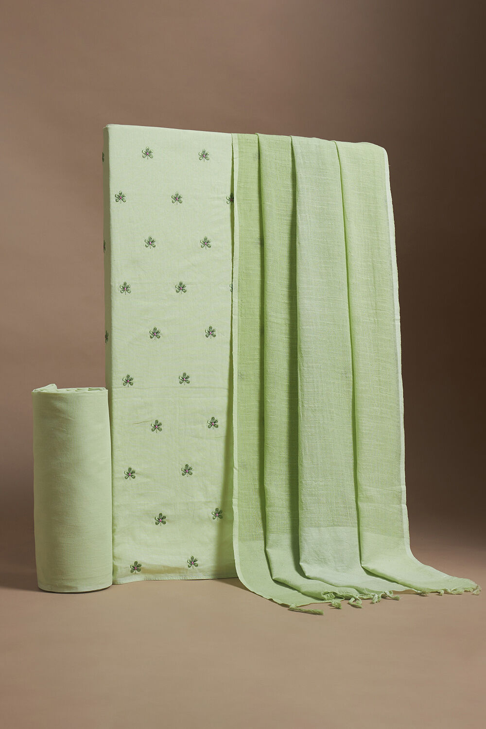 Light Green Pure Cotton Embroidered Suit Set image number null