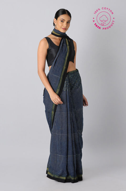 Blue Pure Cotton Ajrakh Printed Saree