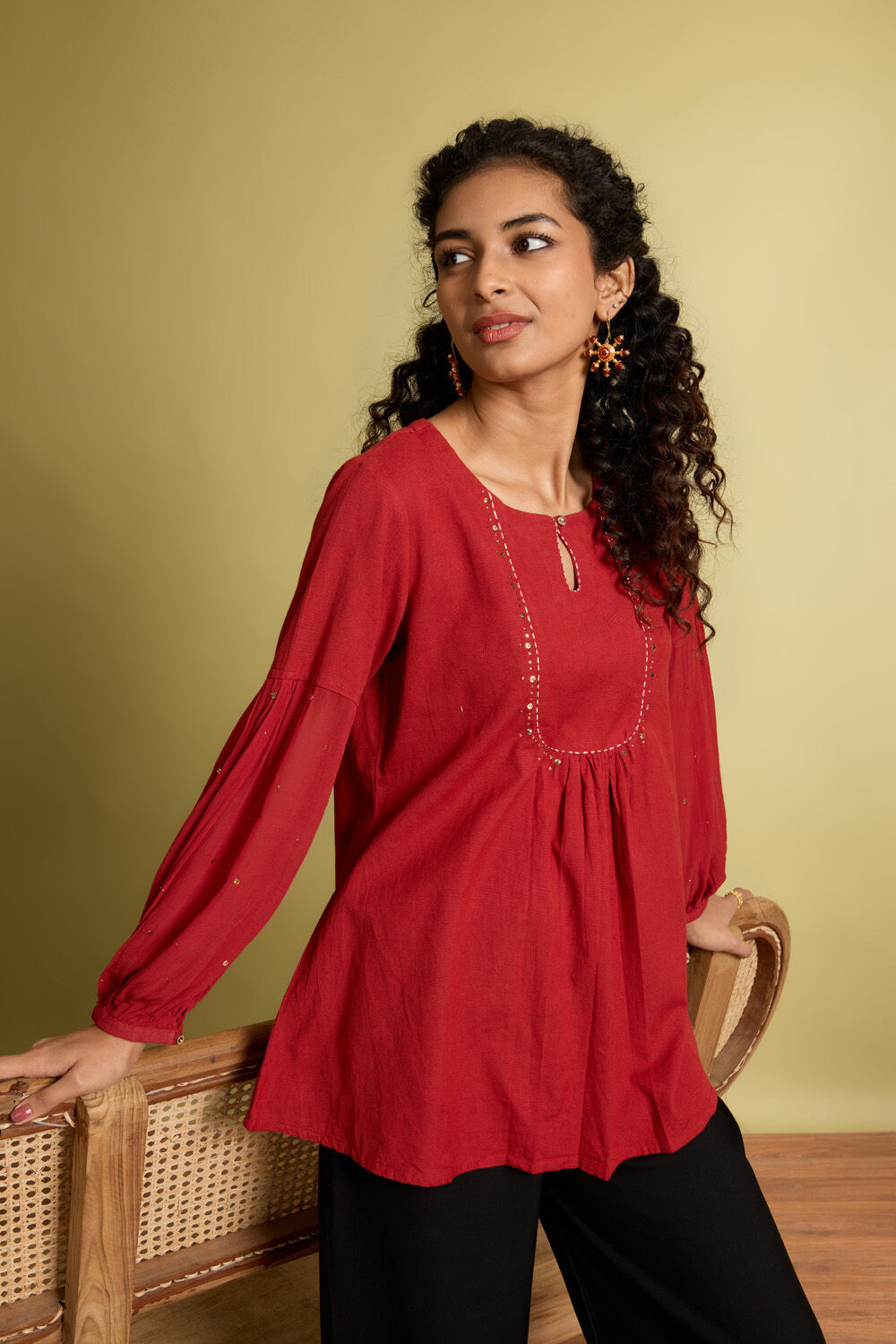 Dark Orange Pure Cotton Linen Mukaish Embroidery Short Top image number null