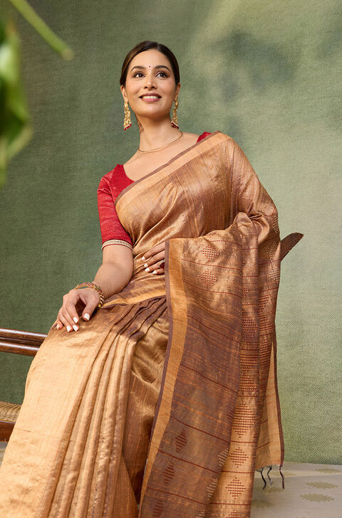 Orange Bhagalpur Woven Pure Tussar Silk Saree