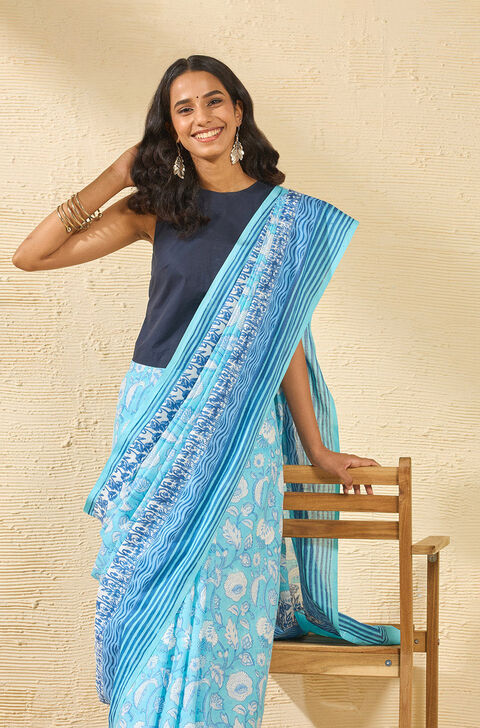 Light Blue Rajasthan Pure Cotton Printed Sanganeri Saree