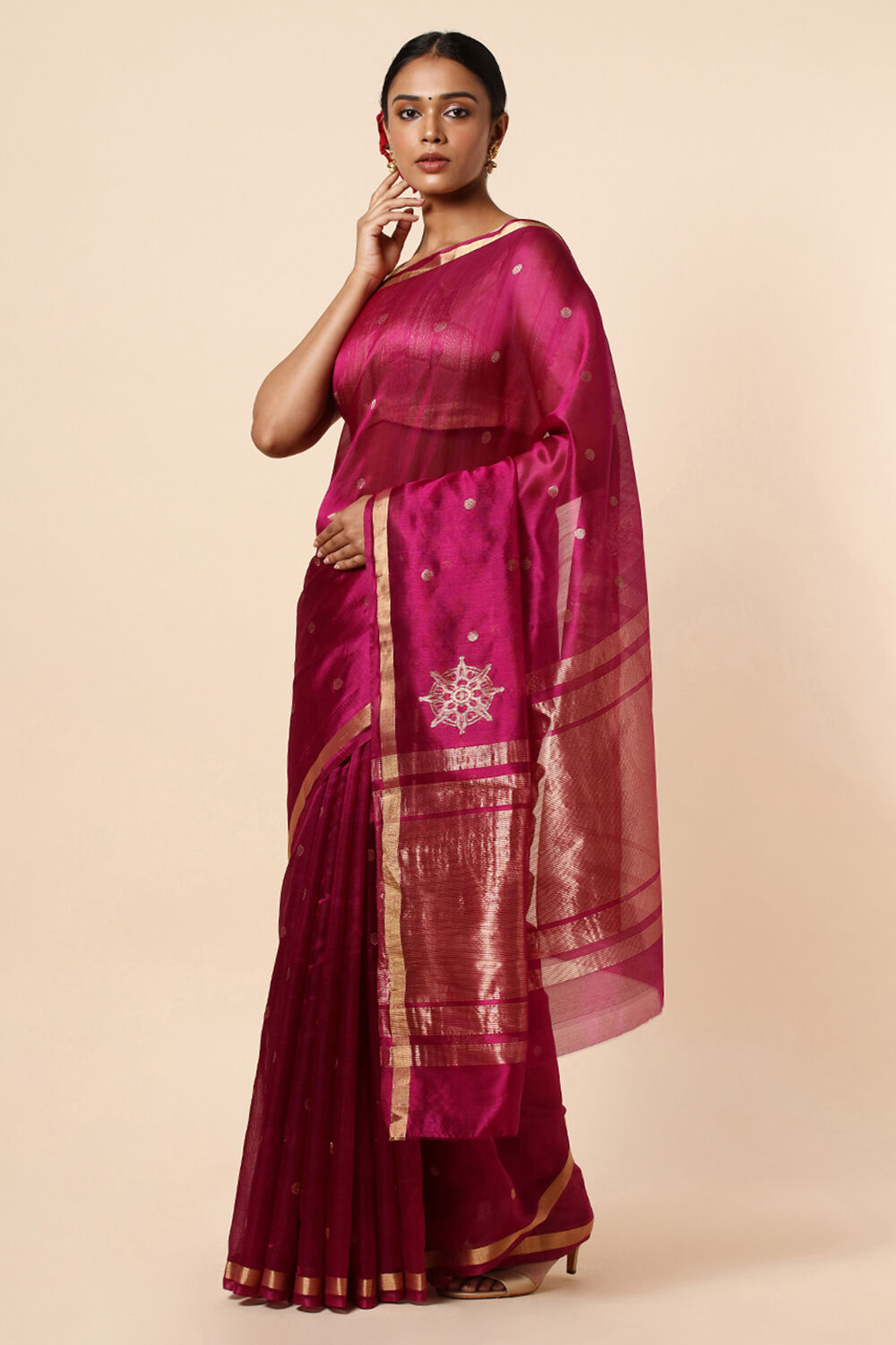 Dark Pink Pure Silk Chanderi Saree image number null