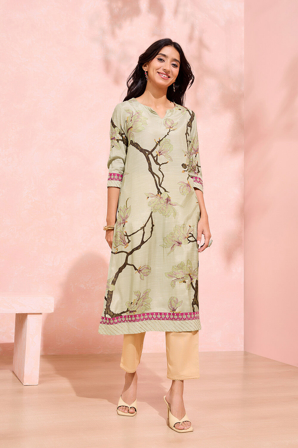 Beige Printed Viscose Kurta image number null