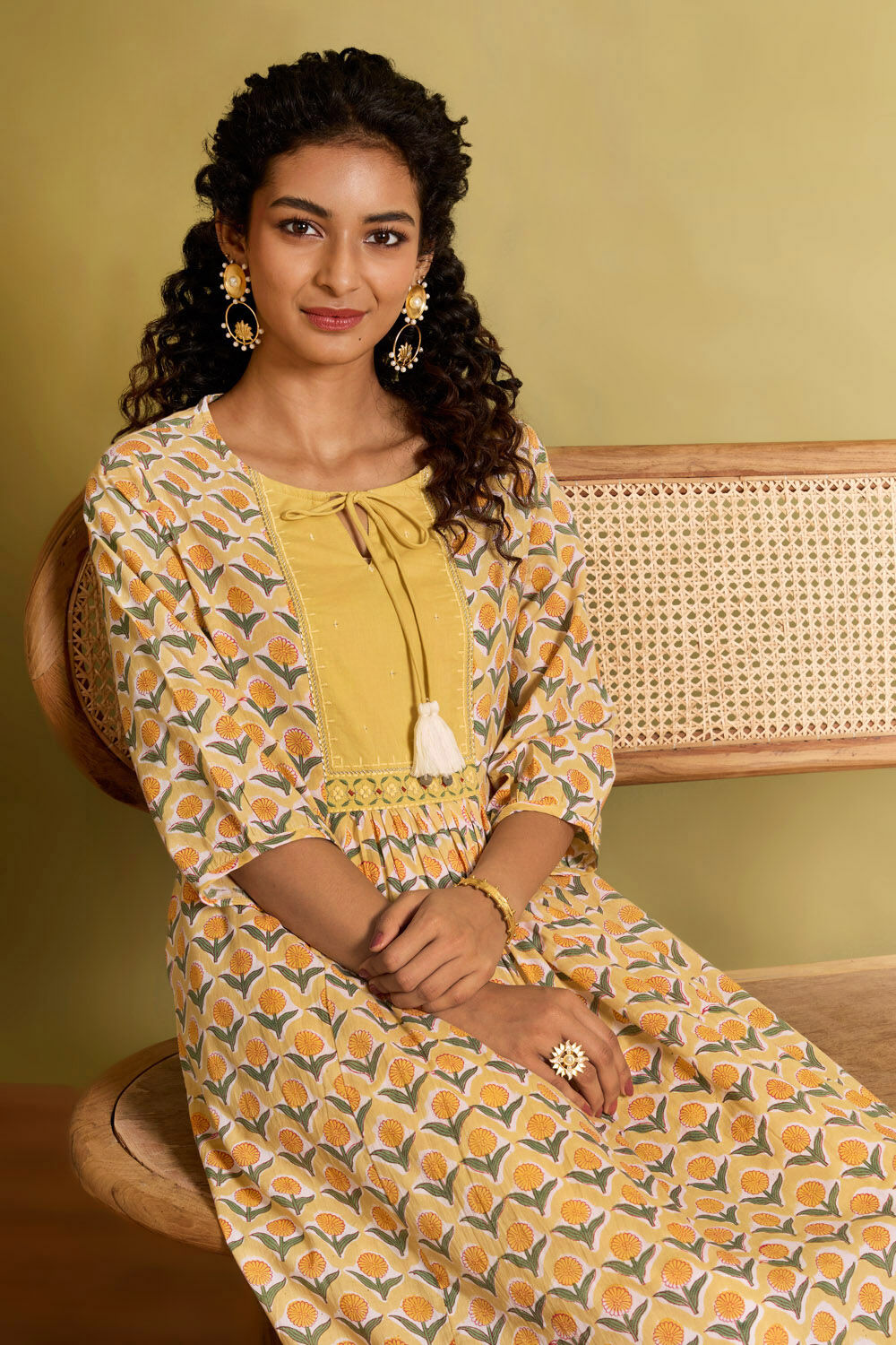Yellow Pure Cotton Printed Embroidery Kurta image number null