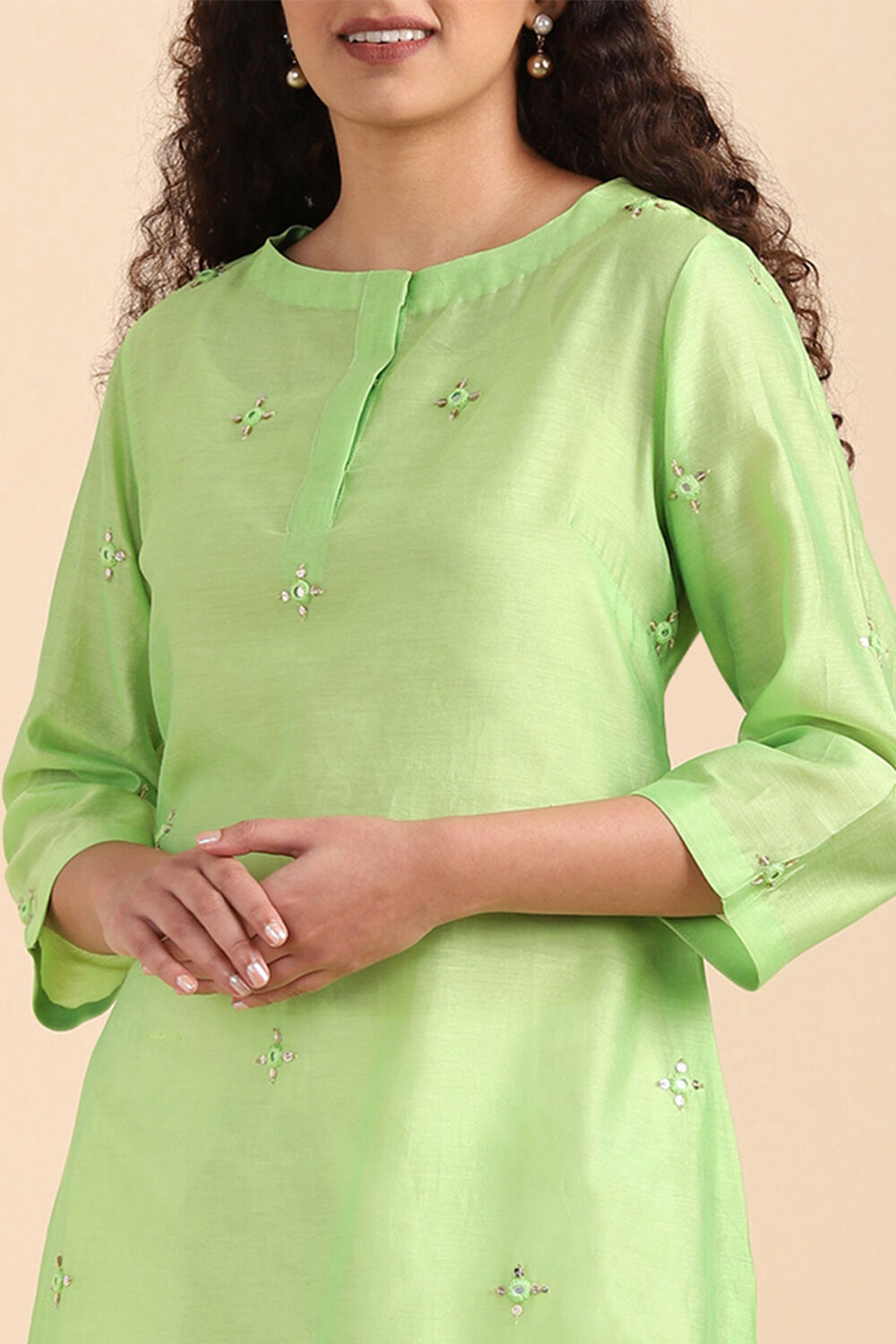 Light Green Silk Cotton Embroidered Kurta image number null