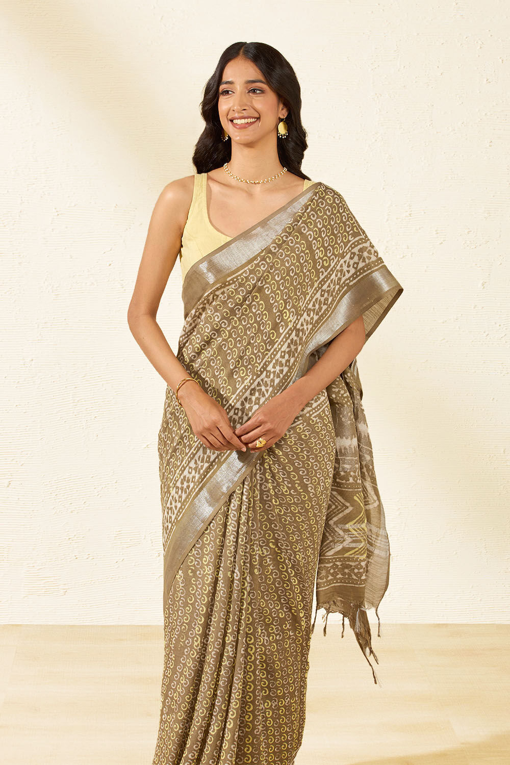 Brown Block Printed Cotton Viscose Saree image number null
