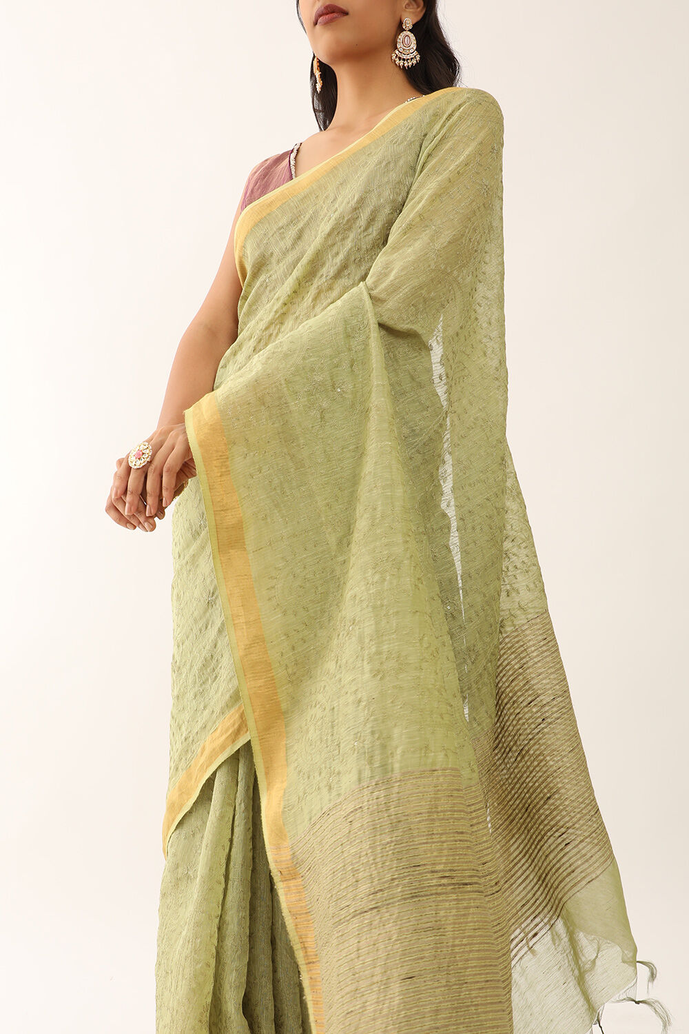 Light Green Bhagalpur Pure Silk Linen Embroidered Saree image number null