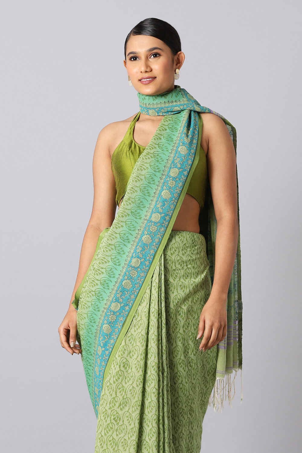 Green Pure Cotton Printed Saree image number null