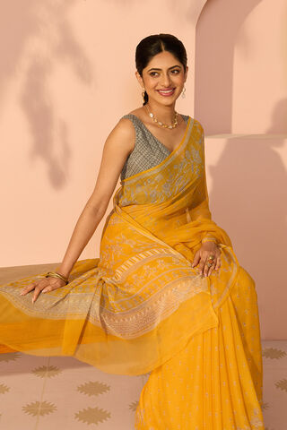 Yellow Screen Printed Viscose Chiffon Saree image number