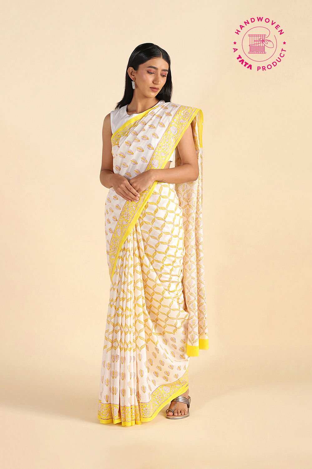Light Yellow Pure Khadi Cotton Block Print Sanganeri Saree image number null