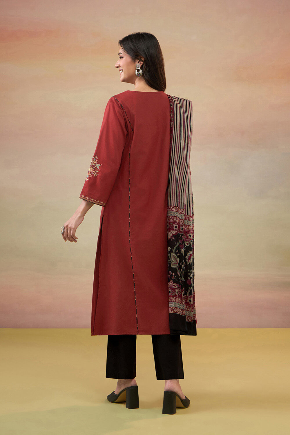Dark Red Pure Cotton Embroidered Kurta Set image number null