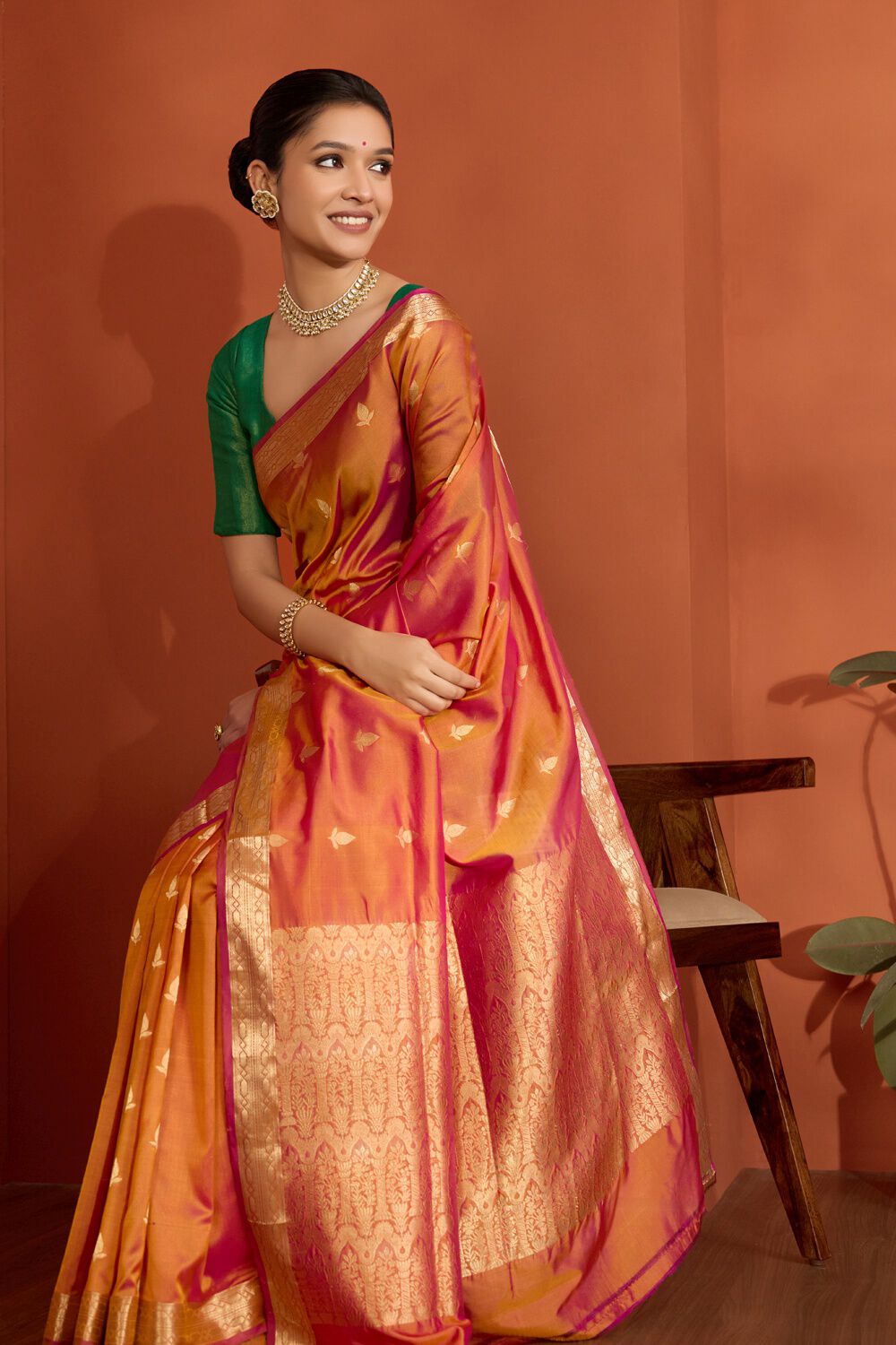 Orange Silk Viscose Cutwork Banaras Inspired Design Saree image number null