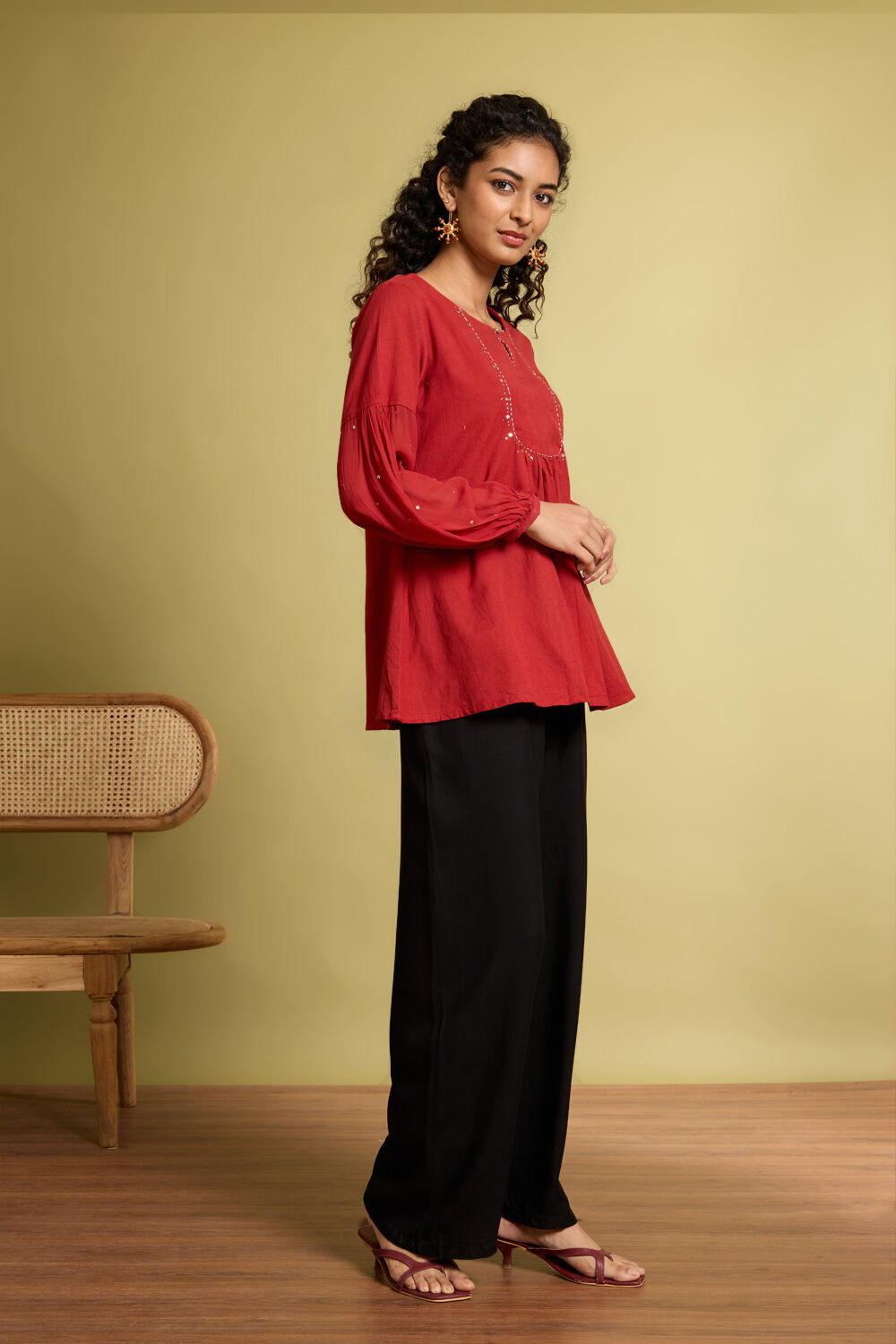 Dark Orange Pure Cotton Linen Mukaish Embroidery Short Top image number null