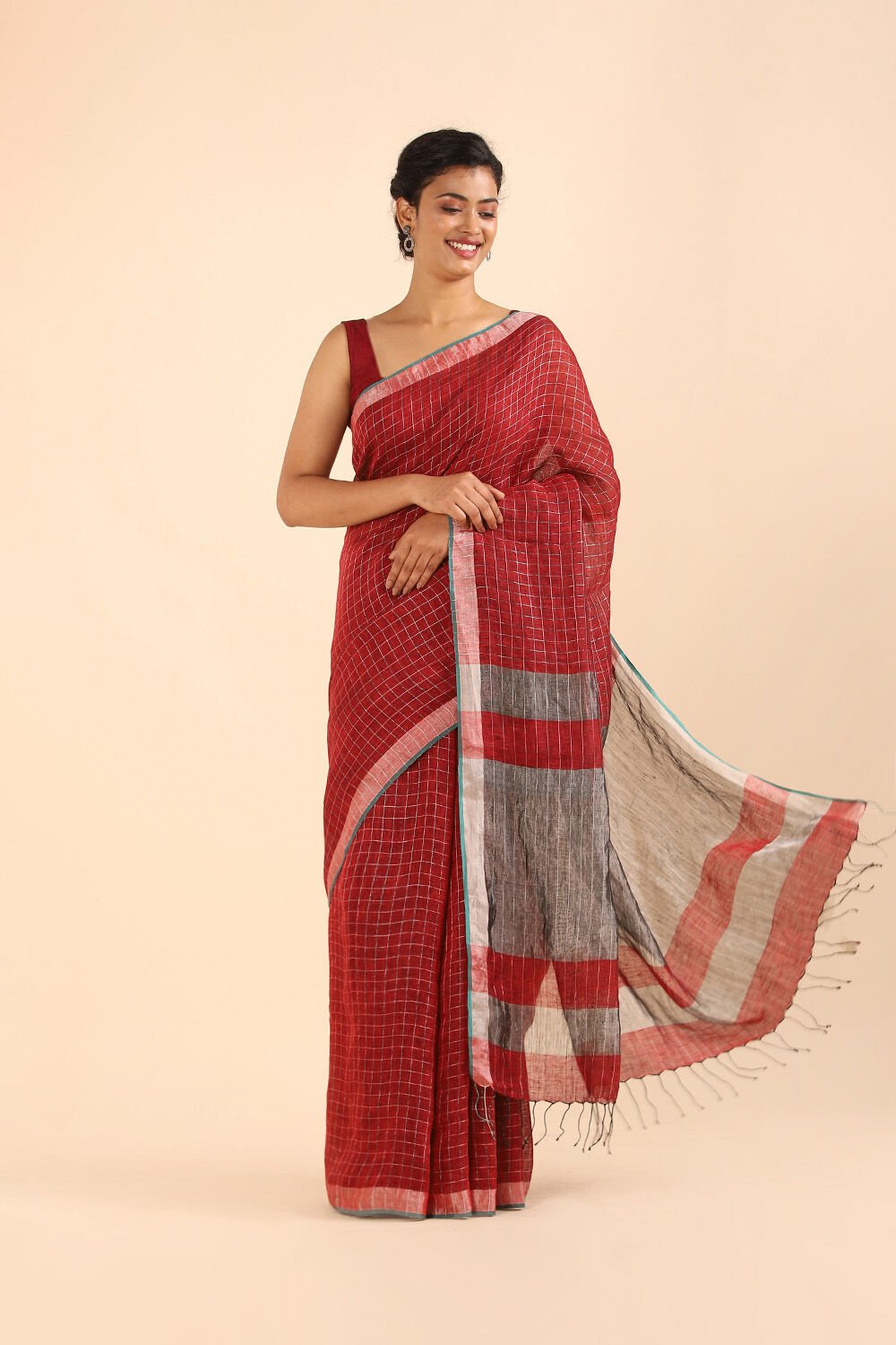 Red Pure Linen Bengal Saree image number null