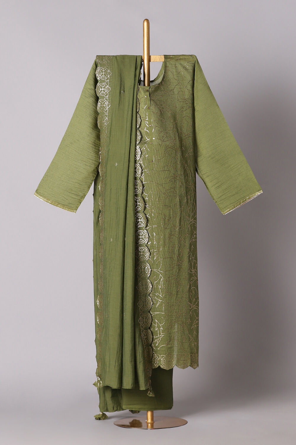 Green Silk Cotton Embroidered Semistitched Suit Set image number null