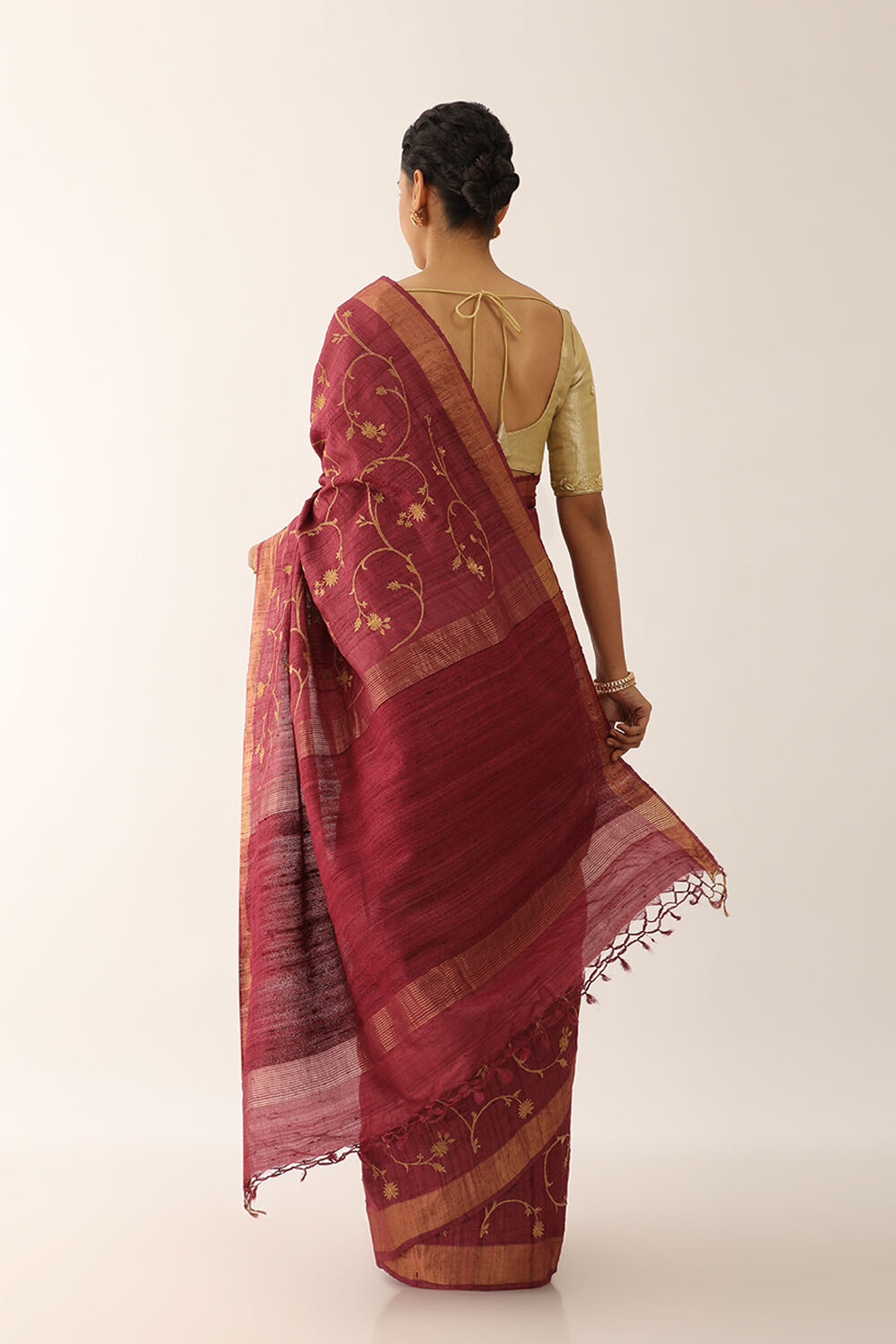 Dark Pink Pure Tissue Tussar Embroidered Saree image number null
