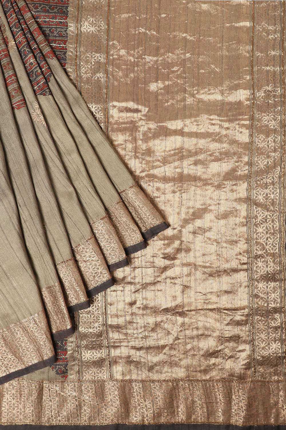 Grey Pure Silk Tussar Bagru Print and Zardosi Embroidered Saree image number null