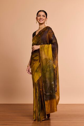 Yellow Pure Silk Printed Embroidered Saree thumbnail image number null