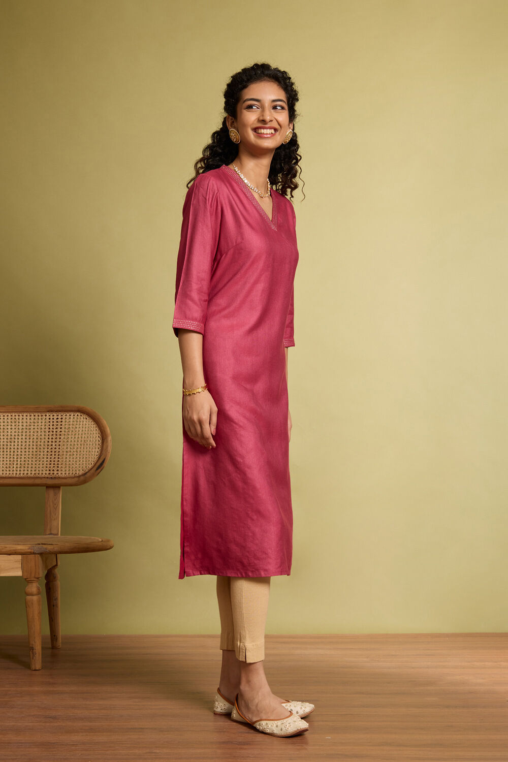 Red Silk Viscose Embroidered Kurta image number null