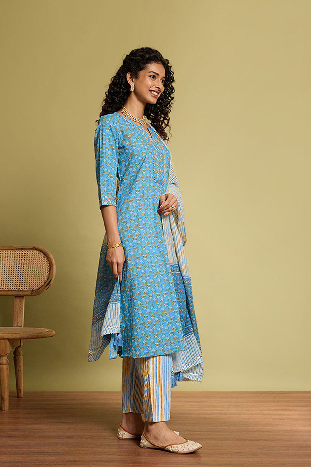 Light Blue Screen Printed  Pure Cotton Kurta Set image number null