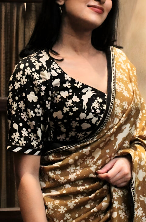 Black Bagru Block Printed Pure Silk Cotton Blouse