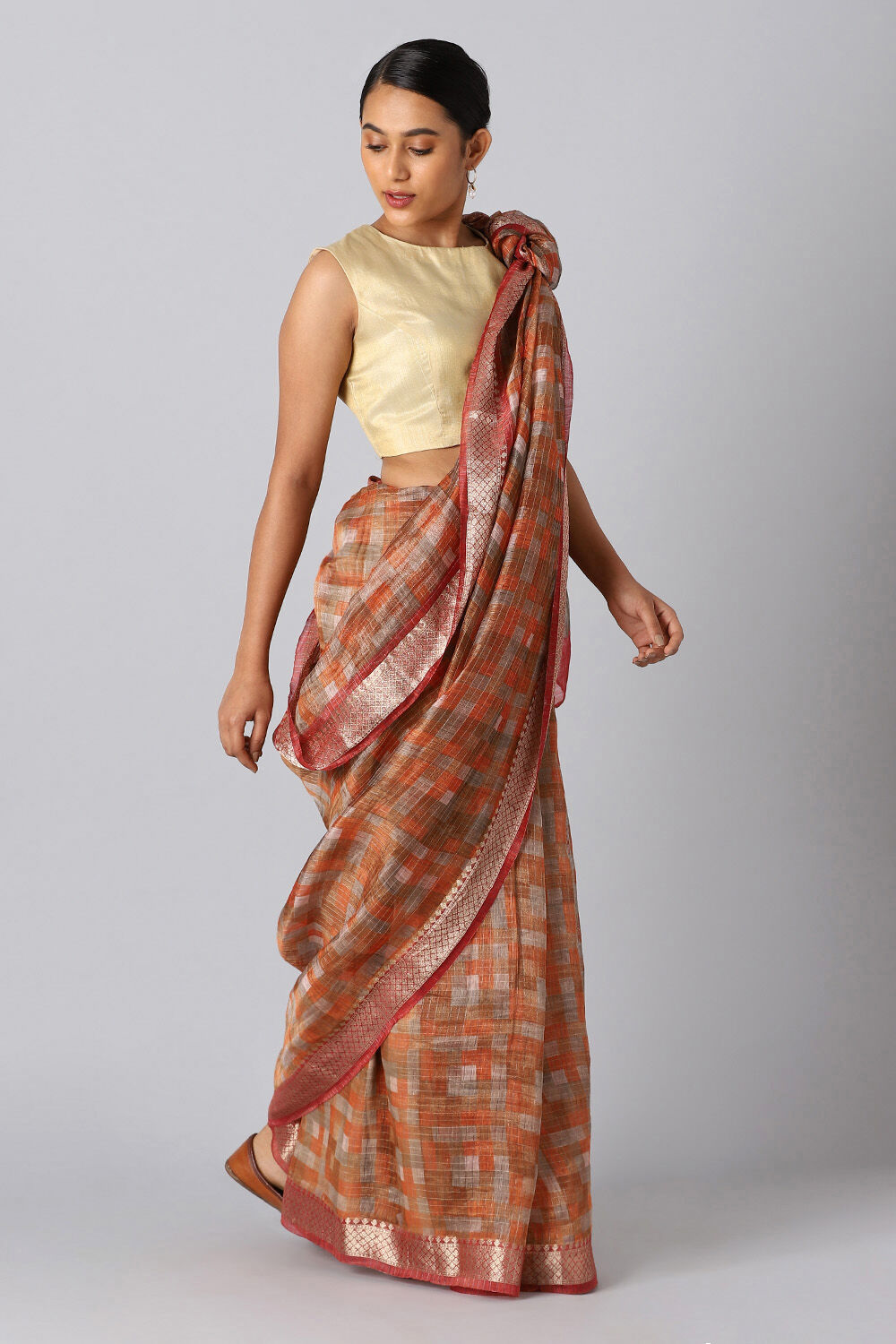 Light Orange Pure Silk Linen Digital Printed Saree image number null