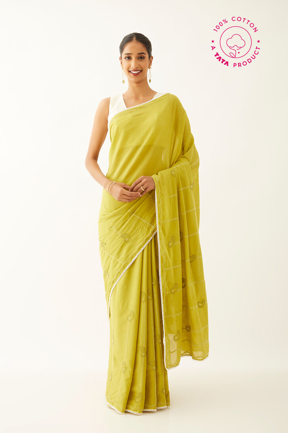 Green Pure Cotton Chikankari Saree image number null