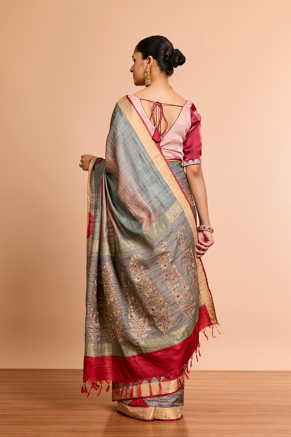 Grey Pure Tussar Silk Embroidered Saree image number null