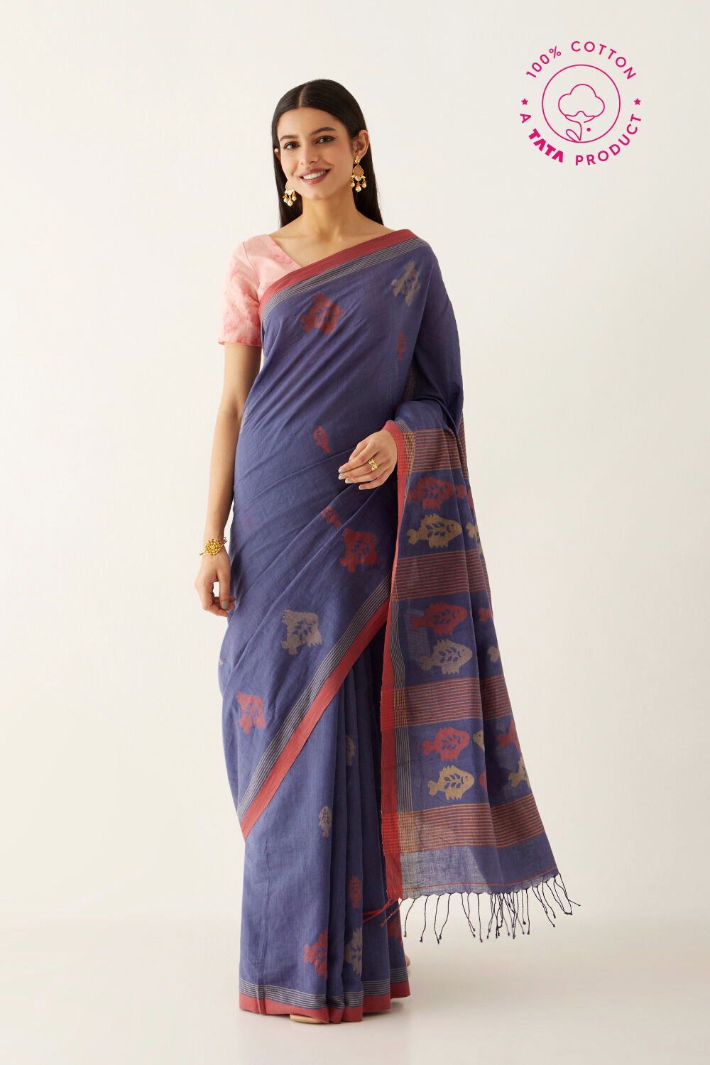 Blue Pure Cotton Jamdani Saree image number null