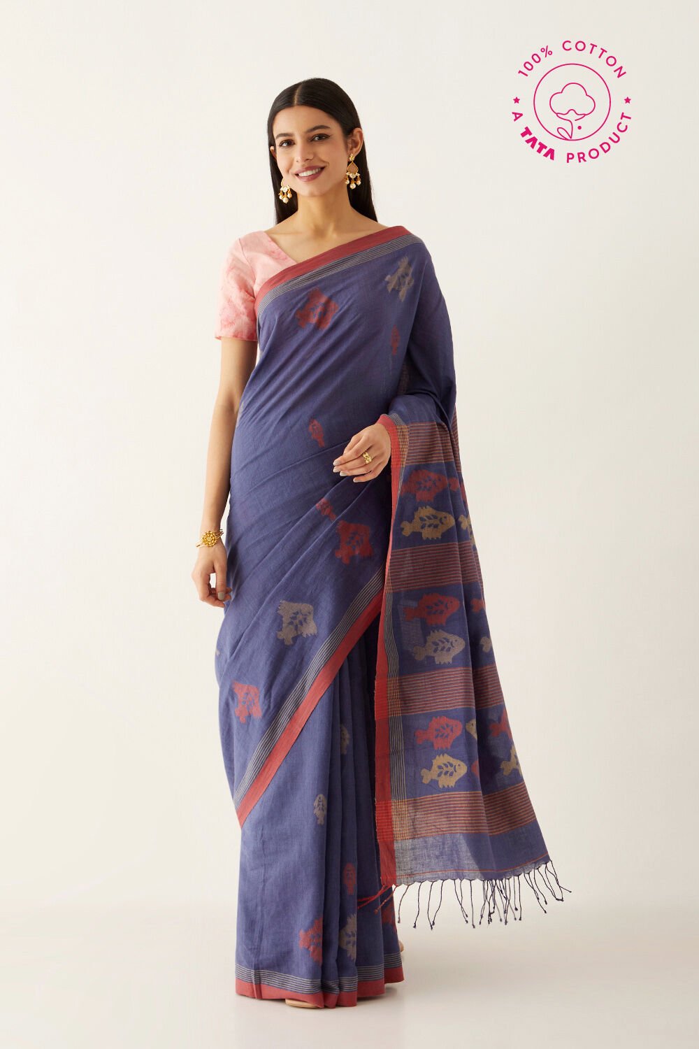 Blue Pure Cotton Jamdani Saree image number null