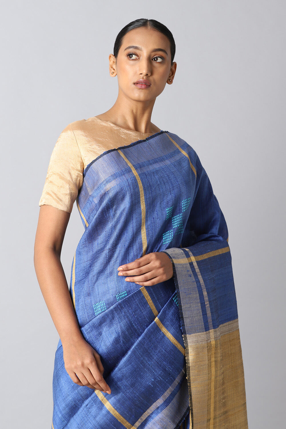 Dark Blue Pure Tussar Silk Bhagalpuri Saree image number null