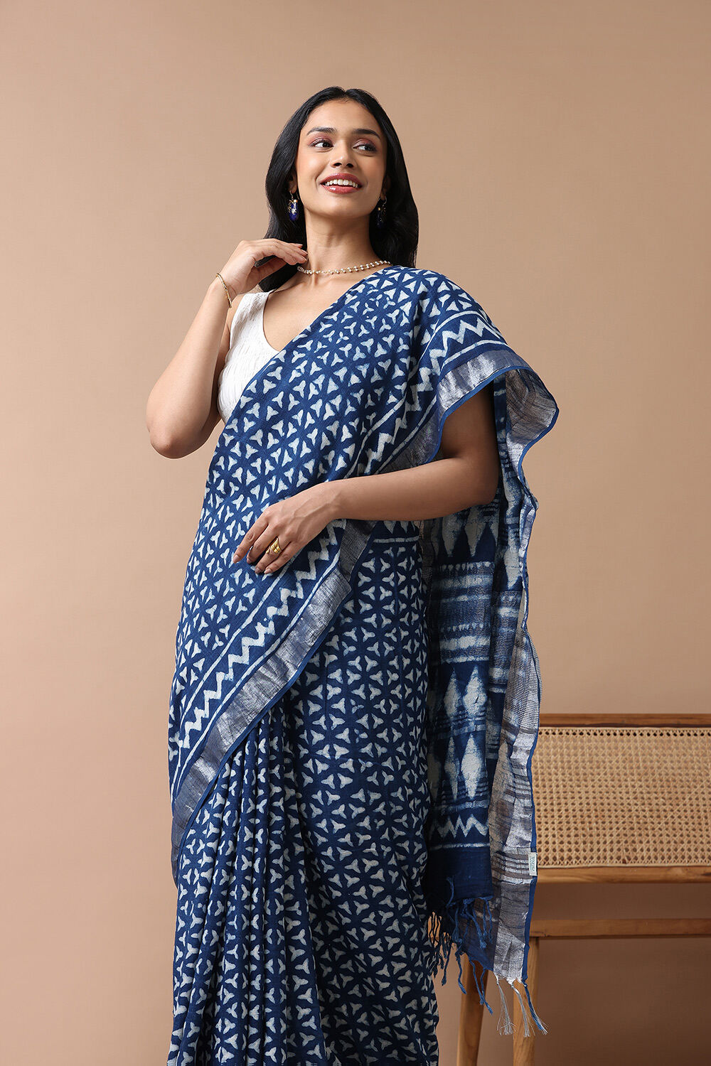 Blue Cotton Viscose Rajasthan Block Printed Saree image number null