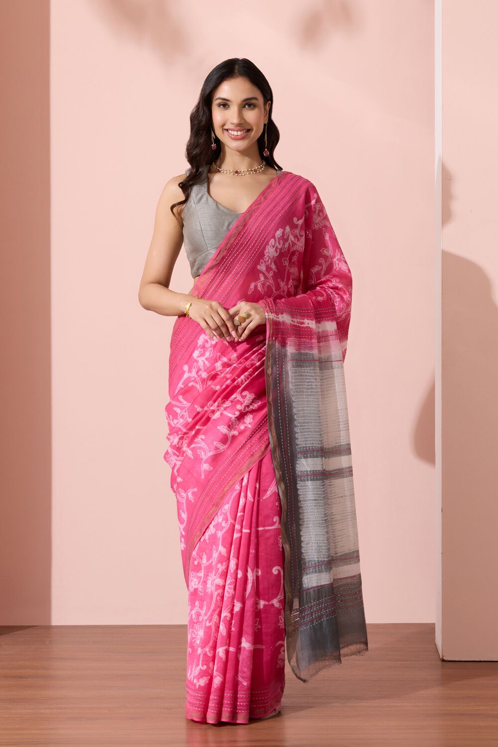 Pink Rajasthan Pure Silk Cotton Shibori Saree image number null