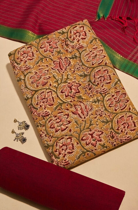 Light Orange Printed Kalamkari Pure Cotton Unstitched Suit Set
