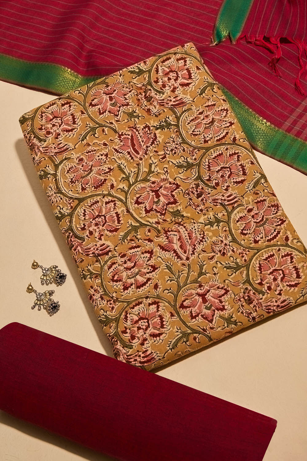 Light Orange Printed Kalamkari Pure Cotton Unstitched Suit Set image number null