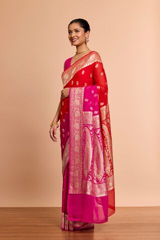 Red Pure Silk Georgette Cutwork Banaras Saree thumbnail image number null