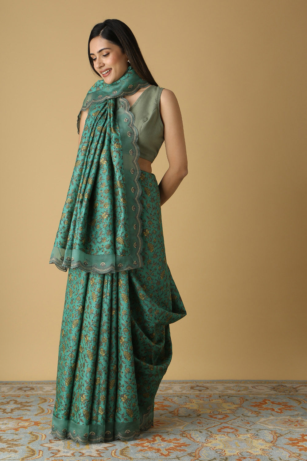 Dark Green Pure Tussar Silk Printed Saree image number null