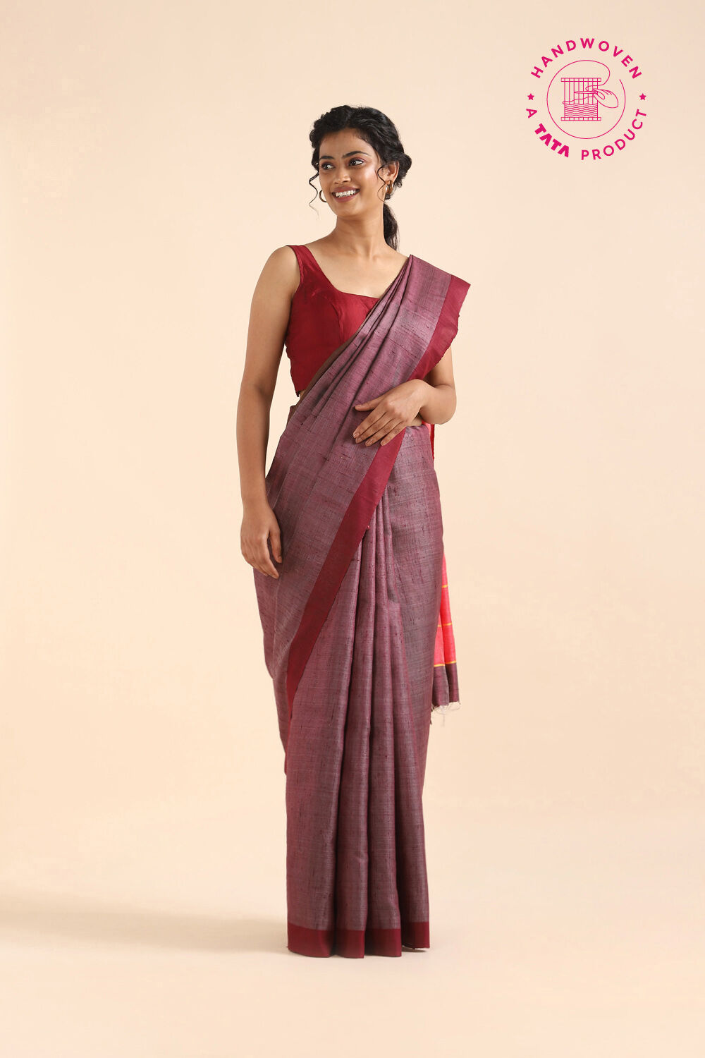 Dark Red Pure Tussar Silk Bhagalpuri Saree image number null