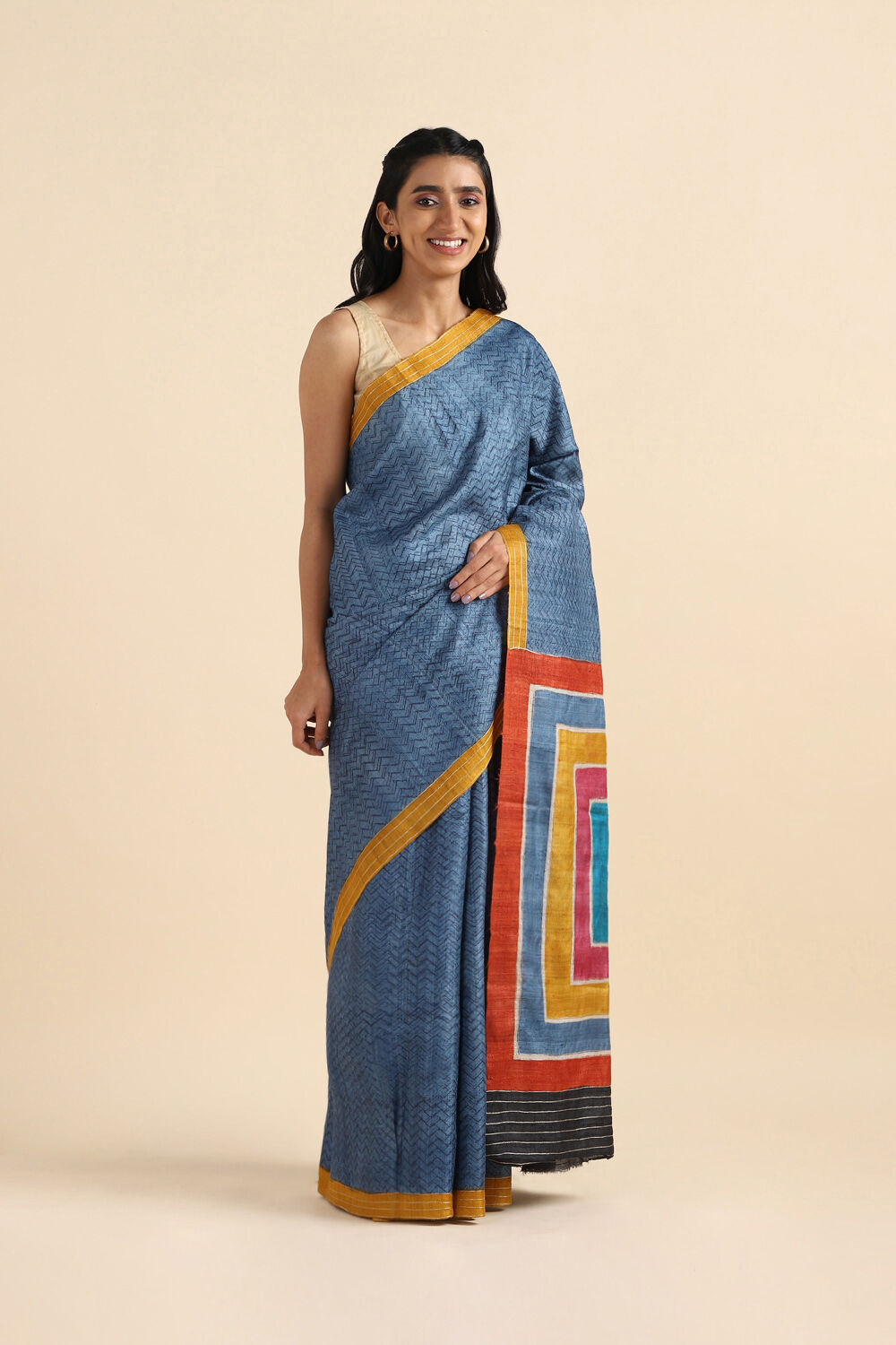 Blue Pure Tussar Embroidered Saree image number null