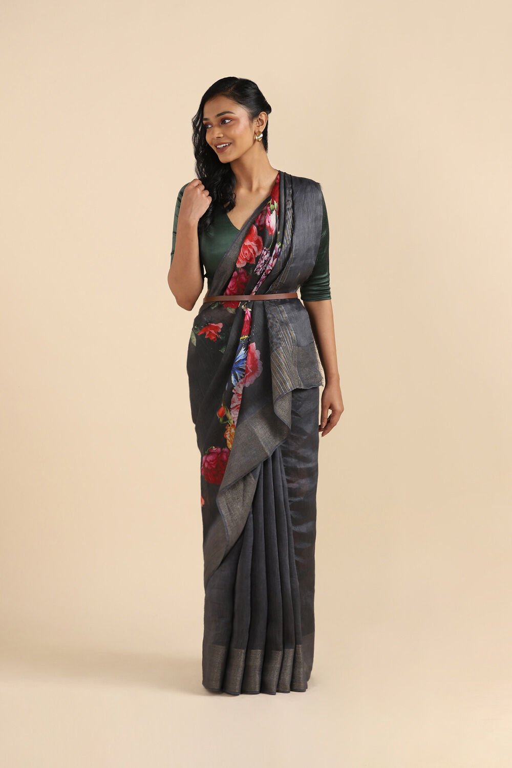 Black Pure Silk Linen Digital Printed Saree image number null