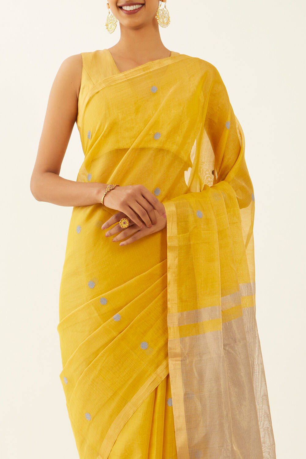 Yellow Pure Cotton Tissue Chanderi Saree image number null