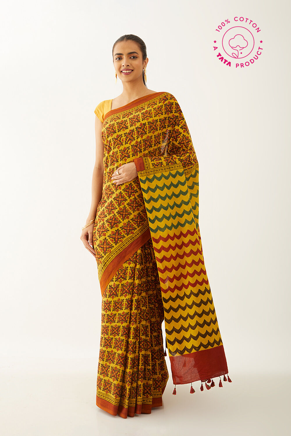 Yellow Pure Cotton Ajrakh Block Print Saree image number null