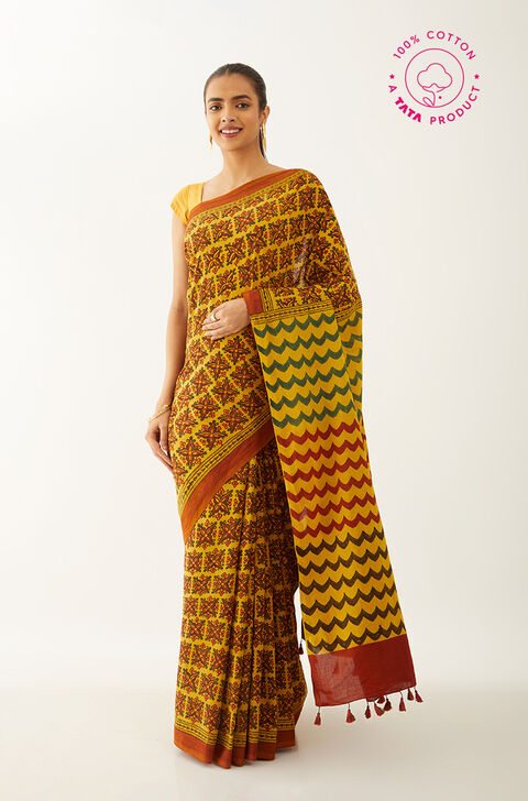Yellow Pure Cotton Ajrakh Block Print Saree