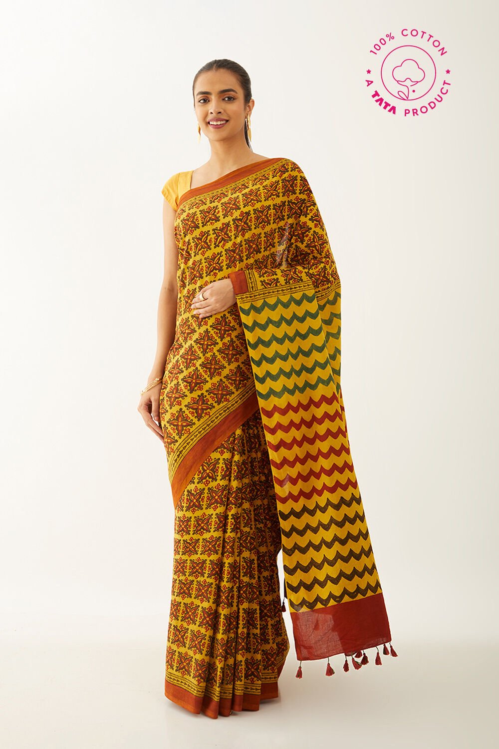 Yellow Pure Cotton Ajrakh Block Print Saree image number null