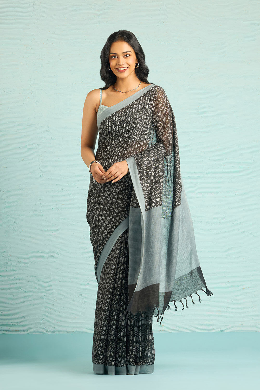 Black Screen Printed Pure Linen Saree image number null