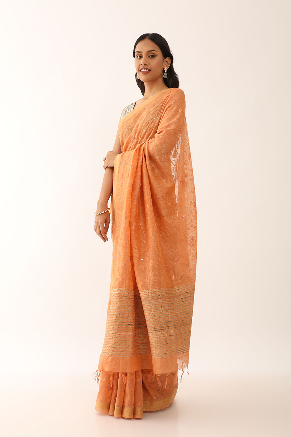Orange Bhagalpur Pure Silk Linen Embroidered Saree image number null