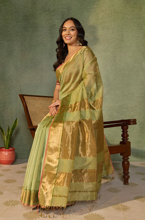 Light Green Woven Pure Tissue Cotton Maheshwari Saree