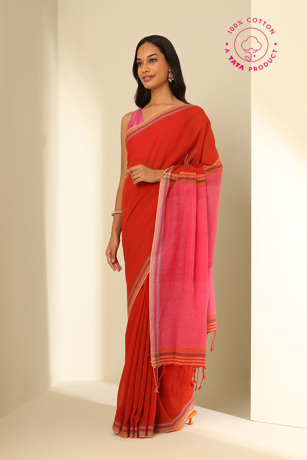 Orange Pure Cotton Woven Bengali Saree image number null